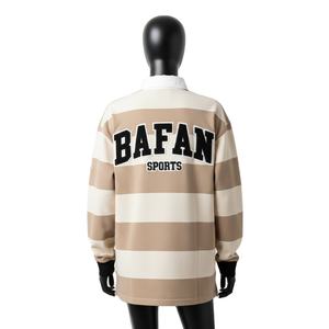 Camiseta de Rugby de Algodón Estilo Vintage para Mujer, Color Beige Crema, Cuello a Rayas, Logotipo Bordado con Parche, Camiseta de Rugby Personalizada para Mujer - Product Image 2