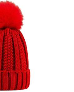 Customized Winter Knit <b>Beanie</b> <b>Hat</b> Red With Faux Fur Pom Pom Ribbed Cuffed Warm Acrylic <b>Wool</b> Blend Custom Wholesale Manufacturer - Product Image 2