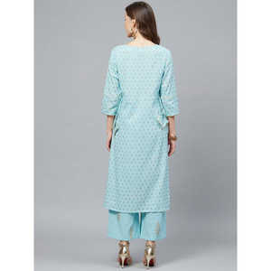 ชุดเสื้อและกางเกงผ้าฝ้ายสีฟ้าน้ำแข็งของผู้หญิงชุด kurta & Palazzo สีทองพิมพ์ลายสีทองตรงและด้านล่าง - Product Image 2