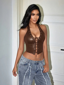 บราหนังสำหรับผู้หญิงขนาดใหญ่พิเศษผ้าวาฟเฟิลแบบสั้นย้อมสีล้วนมีกระดุมตกแต่งโลโก้ด้านหน้าน้ำหนักเบาสำหรับผู้ใหญ่ - Product Image 6