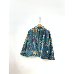 Jungle Durbar Luxury Streetwear <b>Jacket</b> 100% Cotton Block Printed Velvet Teal Saffron XS Size Coated <b>Leather</b> Hoodie Pattern - Product Image 2