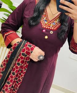 Fancy Rayon Slub Applique Work Top Bottom Dupatta FESTIVE WEAR WHOLESALE PRICE Ethnic Garment Wine Cotton Blend In-Stock Quick - Product Image 2