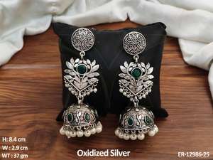 Clusterpearls hermoso estilo elegante diseño antiguo joyería oxidada plata oxidada pulido oxidado Jhumka pendientes mujeres - Product Image 2