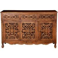 Buffet en teck massif artisanal de style mid-century avec 3 tiroirs et portes sculptées, design antique pour hôtel, maison, salon, cuisine