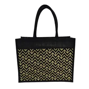 Jute Shopping Bags Tote Fashion With gold color all over printing black body manufactured in India West Bengal