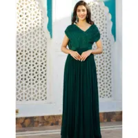 Robe de soirée longue vert forêt en georgette brodée de sequins, style vintage, sans manches, col rond, pour bal et cérémonies
