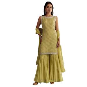 Completo Kurta in Organza verde Lime chiaro con capesante ricamato Dupatta elegante abito festivo per donna - Product Image 2