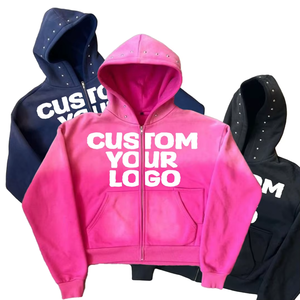 เสื้อฮู้ดดี้ผู้ชายปักโลโก้ส่วนตัว ผ้าหนา 100% ผ้าฝ้าย ซิปฮู้ดดี้ 450gsm 500gsm ทรงโอเวอร์ไซส์ ประดับคริสตัล ลายซันเฟด - Product Image 1