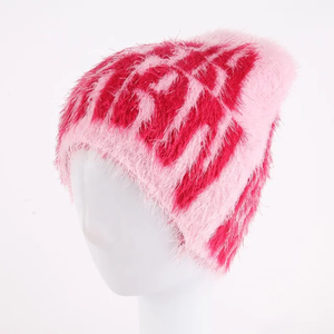 Bonnet d'hiver avec logo jacquard personnalisé haut de gamme en imitation fourrure de vison velours flanelle tricot moelleux Mohair voyage velours pelucheux chaud - Product Image 6