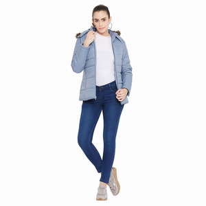 Women's Light Blue Quilted Puffer <b>Jacket</b> With Fur Trim Hood Full Sleeve Winter Coat Regular Length Zipper Closure - Product Image 6