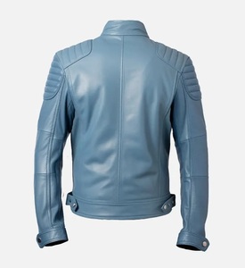 Veste de motard d'hiver décontractée à col montant pour hommes en cuir d'agneau véritable bleu marine avec fermeture à glissière ODM Supply Type - Product Image 5
