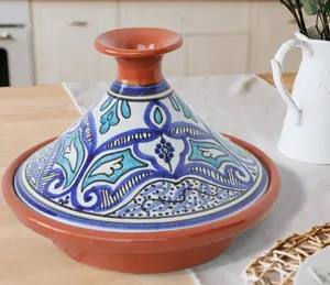 전통적인 손으로 그린 모로코 Tajine 블루 & 화이트 작은 Tagine 냄비 점토 세라믹 유약 Berber 전통적인 조리기구