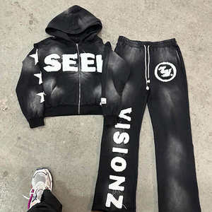 Pantalon de survêtement évasé en coton deux pièces personnalisé ensemble de sweat à capuche surdimensionné à l'acide lavage rue survêtement imprimé brodé Applique Patch - Product Image 1