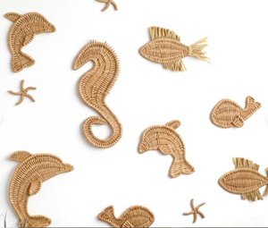 Ensemble de décorations murales en bambou faites à la main sur le thème des animaux marins, décoration intérieure naturelle de style nautique - Product Image 5