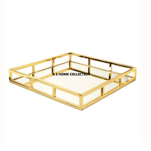 Plateau de service décoratif en laiton et métal de couleur dorée avec miroir au design royal - Product Image 5