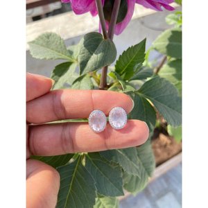 925 Silver Natural Oval Rose Quartz <b>Stud</b> <b>Earrings</b> Diamond Bezel Setting 14K 18K Gold White/Gold Rose Gold-Cute Trendy Inlay - Product Image 1