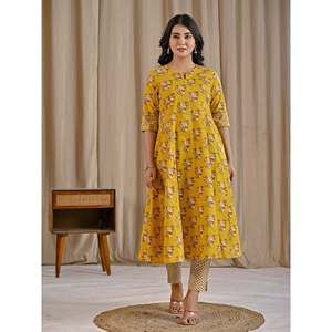 Traje Anarkali de Algodón con Estampado Floral Amarillo Jaal, Conjunto de Pantalón Salwar de Diseño Étnico Moderno para Fiestas y Ocasiones Especiales, Hecho de Tela de Red - Product Image 4