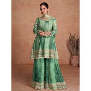 Ensemble de salwar kameez Sharara en chinon vert brodé pour femmes - Product Image 4