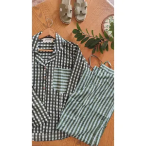 Conjunto de Pijama de Algodón Suave Color Verde Salvia con Cuadros y Rayas, Ropa de Dormir Casual con Botones para Mujer, Talla XL - Product Image 2