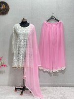 DESAINER BARU ATASAN SATIN FUAX BERAT dengan SETELAN PALAZZO (Sharara Suit) untuk Wanita PAKAIAN PESTA TRADISIONAL INDIA FABZONE GUJARAT