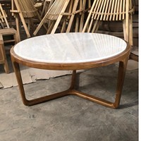 Table basse en marbre au design minimaliste, base en teck à trois pieds, mobilier moderne de luxe léger et écologique pour la maison