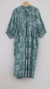 Robe midi en coton imprimé à la main à motifs floraux, robe décontractée pour femmes, printemps été - Product Image 4