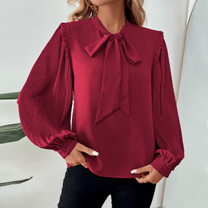 2025 Newest Red Color Bow Tie Collar Lantern Long Sleeve Elegant Design Women Casual Loose <b>Tops</b> and Blouse - Product Image 1