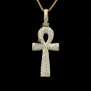 Colgante de diamante brillante de corte brillante redondo cultivado en laboratorio, Plata de Ley 925, joyería con forma de Hip Hop Ankh, glaseado de oro para fiestas - Product Image 1