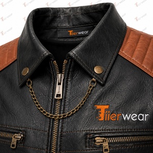 Tiierwear <b>Men's</b> <b>Black</b> Leather Look Moto <b>Vest</b> With Brown Accents Zipper Front Pockets Chains Turn-down Collar Autumn Winter Outer - Product Image 5