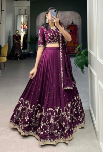 Trendmalls ผ้าไหมปักลายทรงเอศิลปะคอวี lehenga choli dupatta เอวธรรมชาติระบายอากาศได้ดีเย็บปักเป็นมิตรกับสิ่งแวดล้อม - Product Image 4