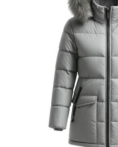 แจ็กเก็ตขนเป็ดสีเทาอ่อนของผู้หญิงพร้อมฮู้ดขนสัตว์เทียมเสื้อโค้ทผ้าหนาอบอุ่นกันลมกันน้ำสำหรับฤดูหนาว - Product Image 3