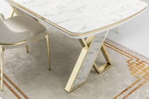 Juego de Muebles de Comedor Moderno y Elegante con Mesa Fija y 6 Sillas, con Materiales de Tela/Metal/MDF, un Complemento Estilizado para Cocina o Villa - Product Image 4