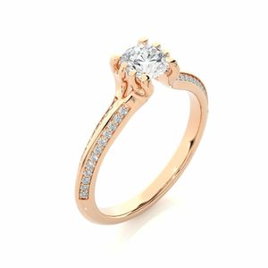Anillo de compromiso de diamante de corte redondo de 6 puntas con detalles laterales para mujer - Product Image 4