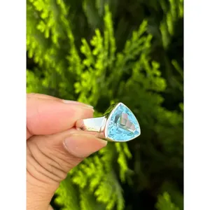 925 Silver Romantic <b>Adjustable</b> Gemstone <b>Ring</b> Blue Topaz Bezel Setting Licensed Private Brand Free Size for Lovers' Hand Shape - Product Image 1