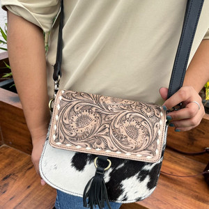 Designers Hand <b>Tooled</b> <b>Leather</b> Crossbody Bag for Women Western Hair on Cowhide <b>Leather</b> Tassel Purses Embossed Floral Pattern Bag - Product Image 2