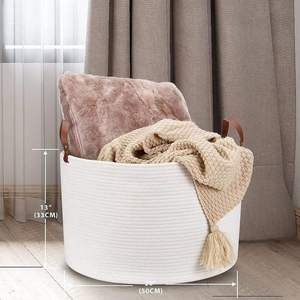 Woven Cotton Rope Storage <b>Basket</b> with Leather Handles Cream White Blanket <b>Laundry</b> Toy Organizer Hamper - Product Image 2