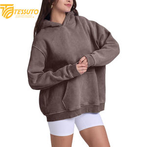 Vente en gros de sweats à capuche de haute qualité, couleur unie, avec impression de logo sur mesure, 100% coton, courts pour femmes - Product Image 6