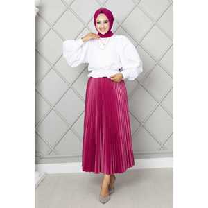 Fuchsia Satin Hijab <b>Skirt</b> with <b>Elastic</b> Waistband Pleated and Shiny Feature - Product Image 3