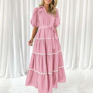 Fabricante verano 100% algodón Simple Rosa Maxi vestido de cintura alta suelto ajustado verano vacaciones traje tobillo longitud Maxi vestido - Product Image 3