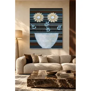 ดอกเดซี่ฟิดาในชามสีขาวบนพื้นหลังลายทาง พิมพ์บนผ้าใบ - Product Image 2