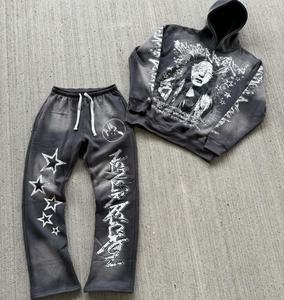 High Quality Full Zip US Washed Two Piece Hoodie and Flare Pants <b>Set</b> Acid Wash Embroidered Sweat Suit Trending Unisex Tracksuit - Product Image 1