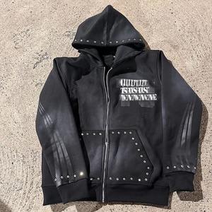 Ventes en gros de survêtements personnalisés de style streetwear avec strass, fermeture éclair, lavage à l'acide, vintage, 100% coton, pantalon de survêtement ample et ensemble de sweat-shirt évasé - Product Image 4