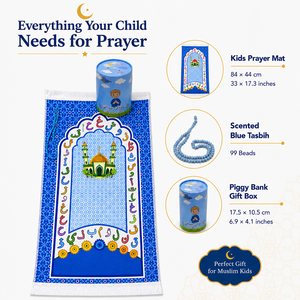 Alfombra de Oración Infantil Azul con Alfabeto Árabe, Alfombra con 99 Cuentas Tasbih, Hucha Cilíndrica, Regalo de Ramadán - Product Image 2