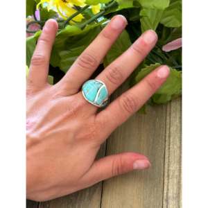 Navajo Handmade <b>Turquoise</b> & Sterling Silver Inlay <b>Ring</b> Size 9.25-Geometric Statement Jewelry - Product Image 2