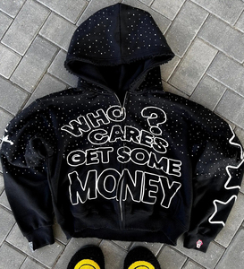 Nouveau style tendance, vente en gros de sweats à capuche pour hommes avec fermeture éclair, lavage à l'acide, strass, sweats à capuche unis, doux, streetwear, sweat à capuche personnalisé avec strass - Product Image 4