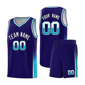 Uniforme de maillot de basket-ball pour hommes tissu Polyester léger couleur bleu solide sergé impression côtes col rond conception - Product Image 1