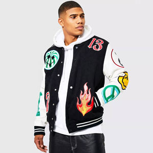 แจ็คเก็ตวาร์ซิตี้ผู้ชายแบบสั่งทำ หนังแกะ สีดำขาว คอตั้ง ปักโลโก้ด้านหน้า สไตล์บอมเบอร์ แนวสตรีทแวร์ ลายตัวอักษรแบบนักศึกษา - Product Image 5