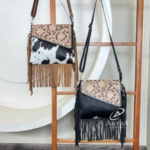 Nuevo Bolso Bandolera de Cuero Estilo Occidental con Flecos y Diseño Floral, Hecho a Mano con Cuero Genuino de Vaca, para Mujer - Product Image 1
