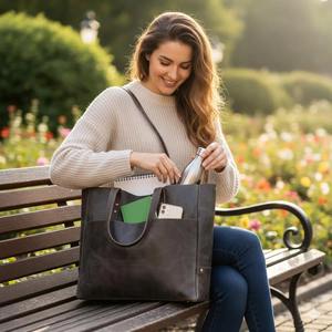 Sac fourre-tout d'affaires en cuir véritable fait main, luxe, doux, brun foncé, cuir de vachette pleine fleur, léger - Product Image 5