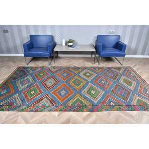 พรมวินเทจขนาดใหญ่ 5.3x10.6 ฟุต พรมตุรกี พรมขนสัตว์ลายสัตว์สีน้ำเงินส้ม - Product Image 2
